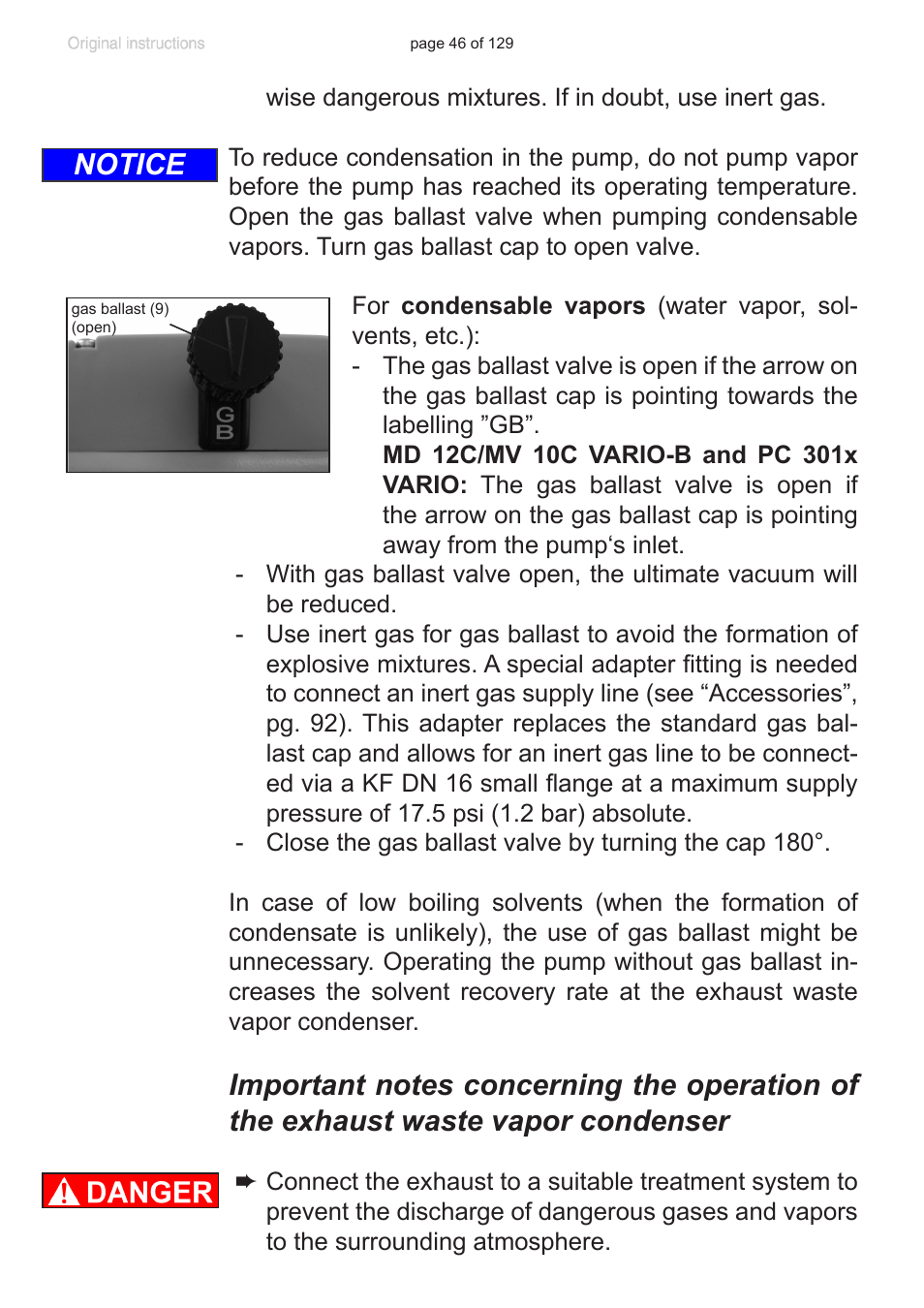 Important notes concerning the, Operation of the exhaust waste vapor condenser, Notice | VACUUBRAND PC 3012 VARIO plastic housing User Manual | Page 46 / 129