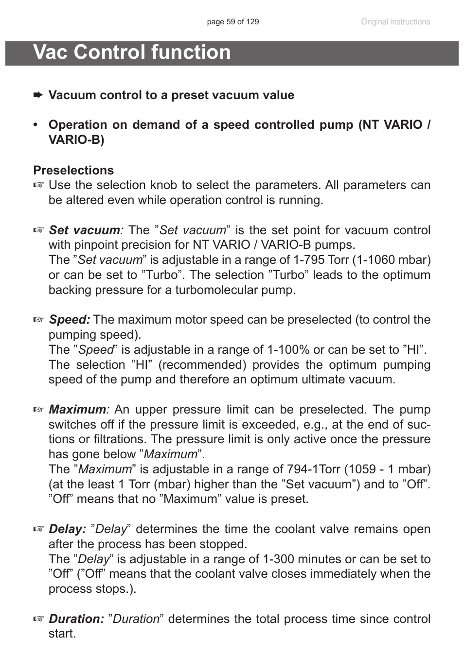 Vac control function | VACUUBRAND PC 3012 VARIO plastic housing User Manual | Page 59 / 129