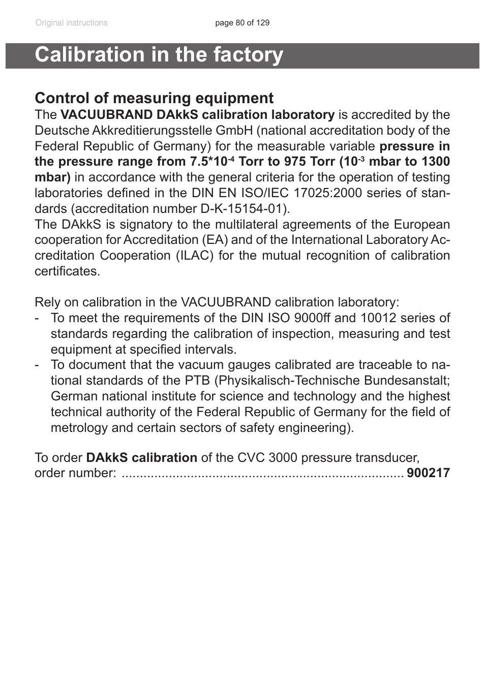 Calibration in the factory, Control of measuring equipment | VACUUBRAND PC 3012 VARIO plastic housing User Manual | Page 80 / 129