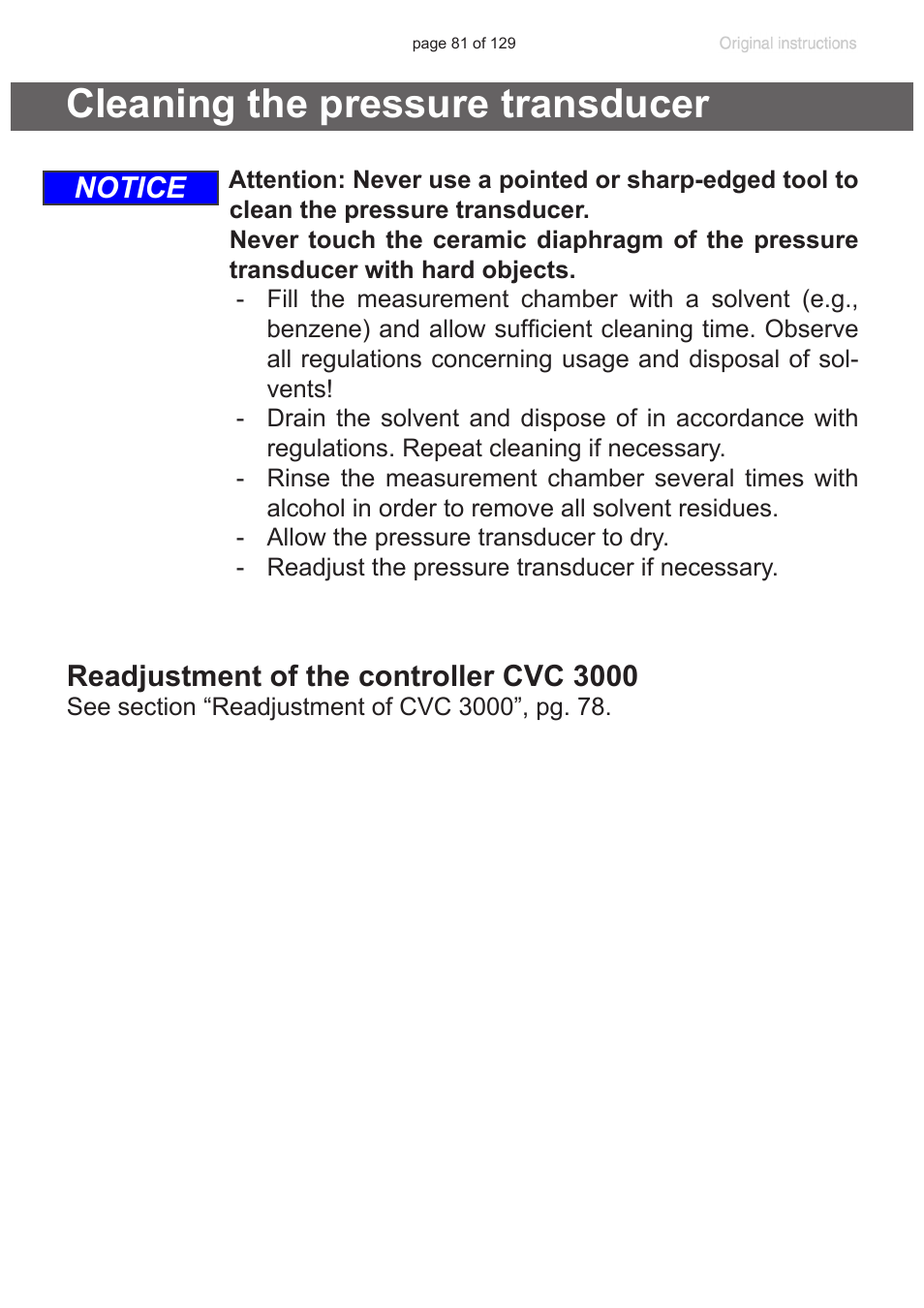 Cleaning the pressure transducer, Notice readjustment of the controller cvc 3000 | VACUUBRAND PC 3012 VARIO plastic housing User Manual | Page 81 / 129