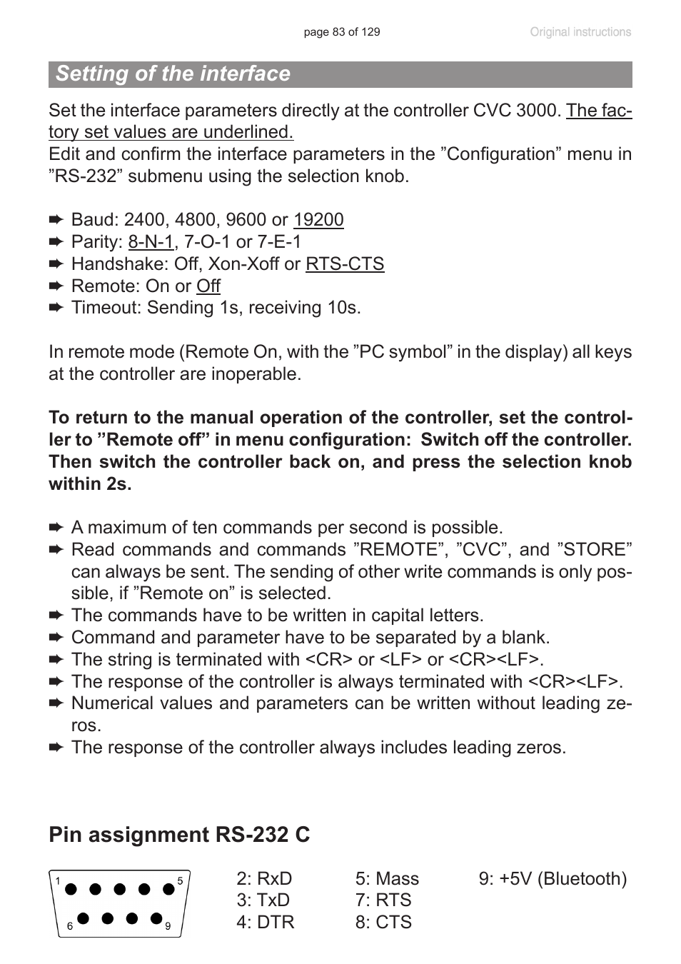 Setting of the interface, Pin assignment rs-232 c | VACUUBRAND PC 3012 VARIO plastic housing User Manual | Page 83 / 129