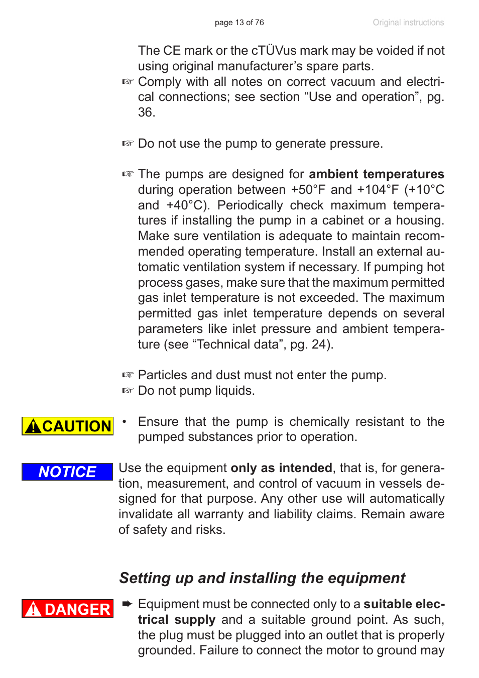 Setting up and installing the equipment, Notice | VACUUBRAND MZ 2C NT VARIO without controller (o.C.) User Manual | Page 13 / 76