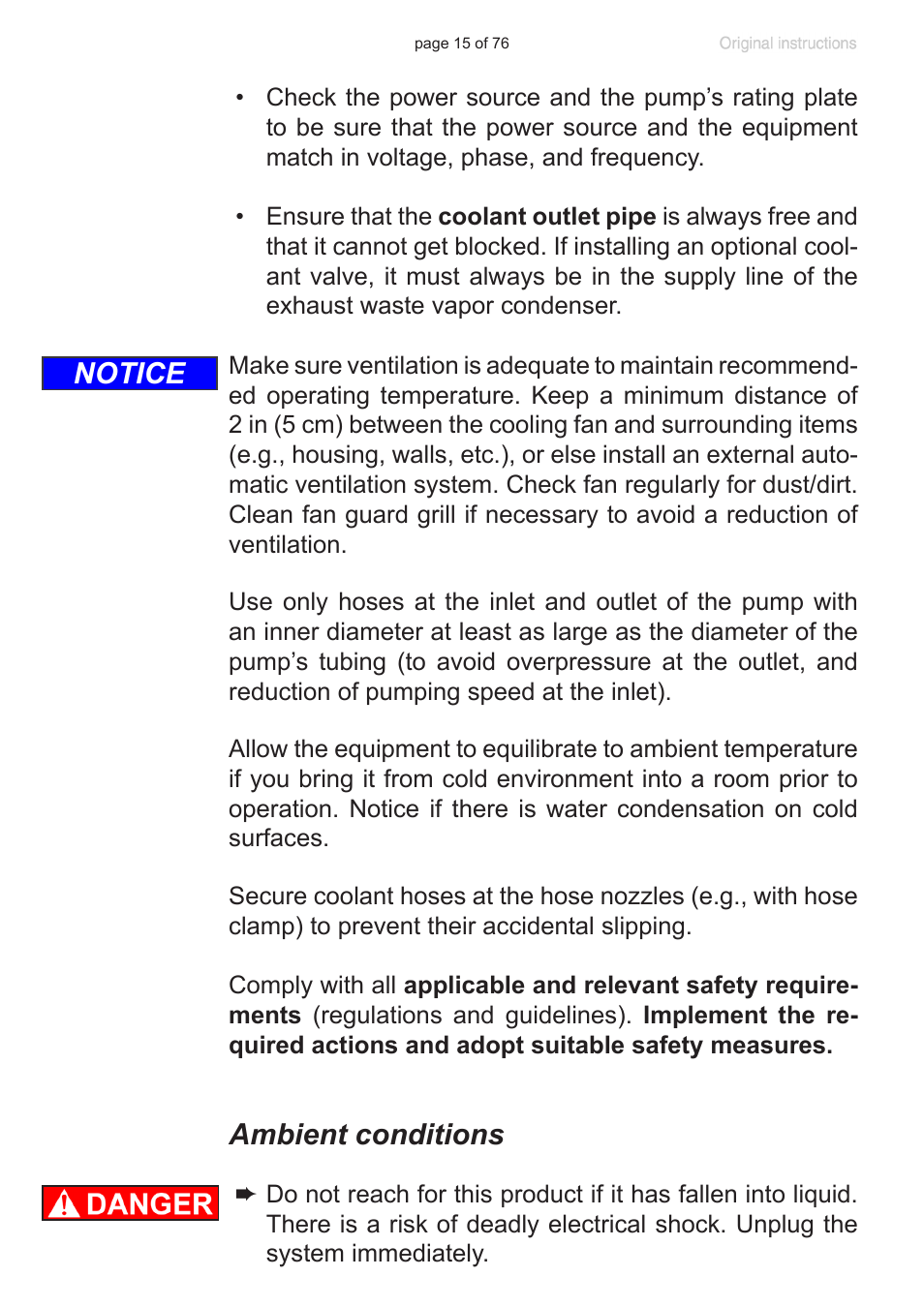 Ambient conditions, Notice | VACUUBRAND MZ 2C NT VARIO without controller (o.C.) User Manual | Page 15 / 76