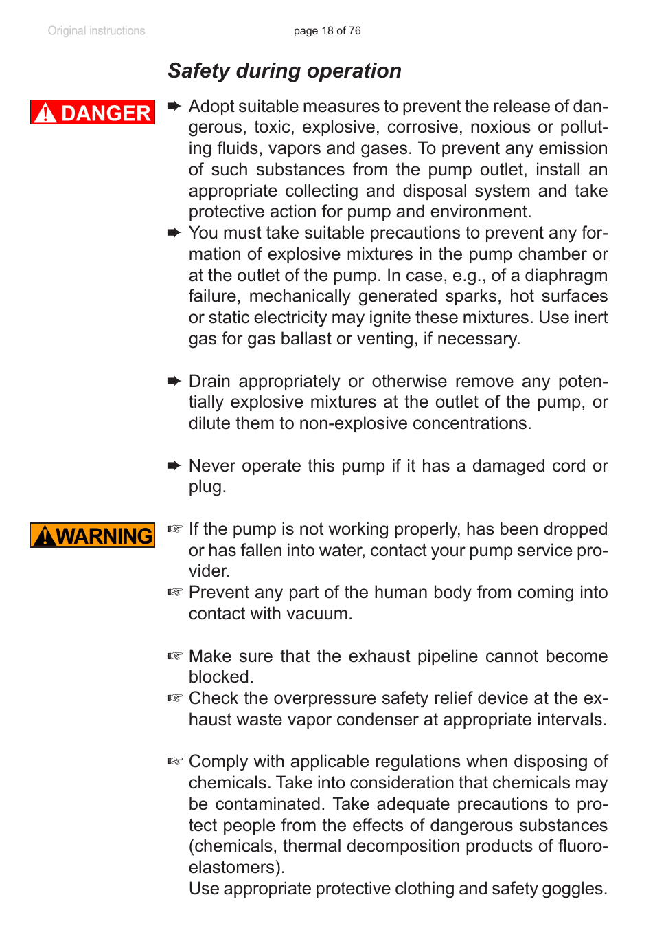 Safety during operation | VACUUBRAND MZ 2C NT VARIO without controller (o.C.) User Manual | Page 18 / 76