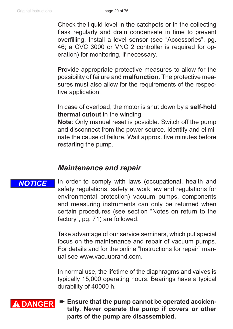 Maintenance and repair, Notice | VACUUBRAND MZ 2C NT VARIO without controller (o.C.) User Manual | Page 20 / 76