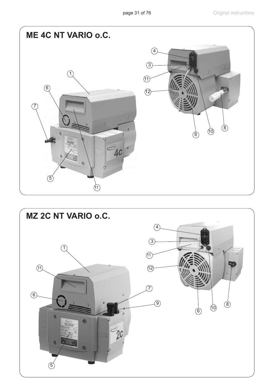 Me 4c nt vario o.c, Mz 2c nt vario o.c | VACUUBRAND MZ 2C NT VARIO without controller (o.C.) User Manual | Page 31 / 76