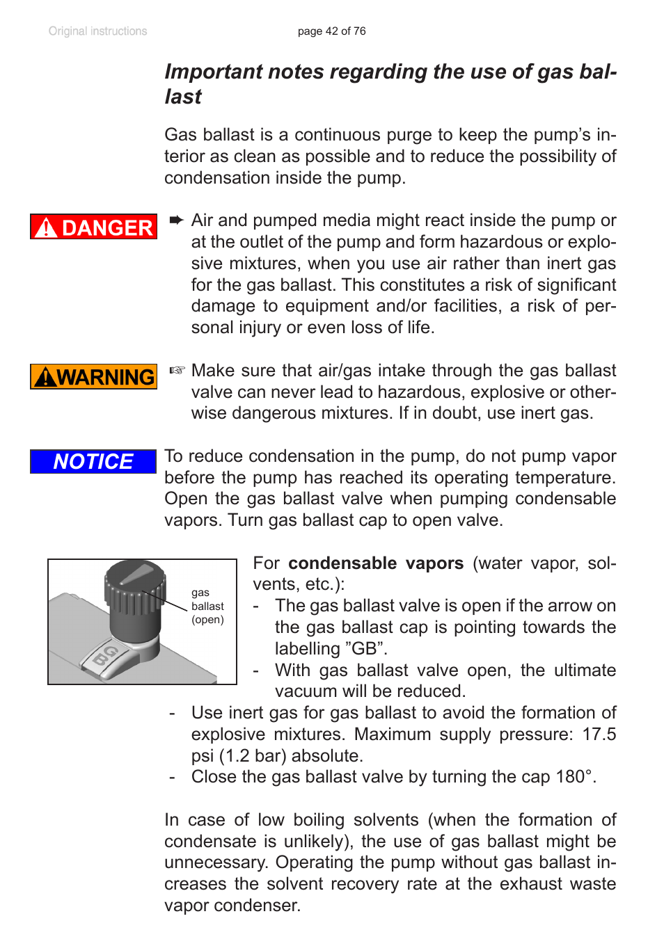 Important notes regarding the use of gas ballast, Notice | VACUUBRAND MZ 2C NT VARIO without controller (o.C.) User Manual | Page 42 / 76