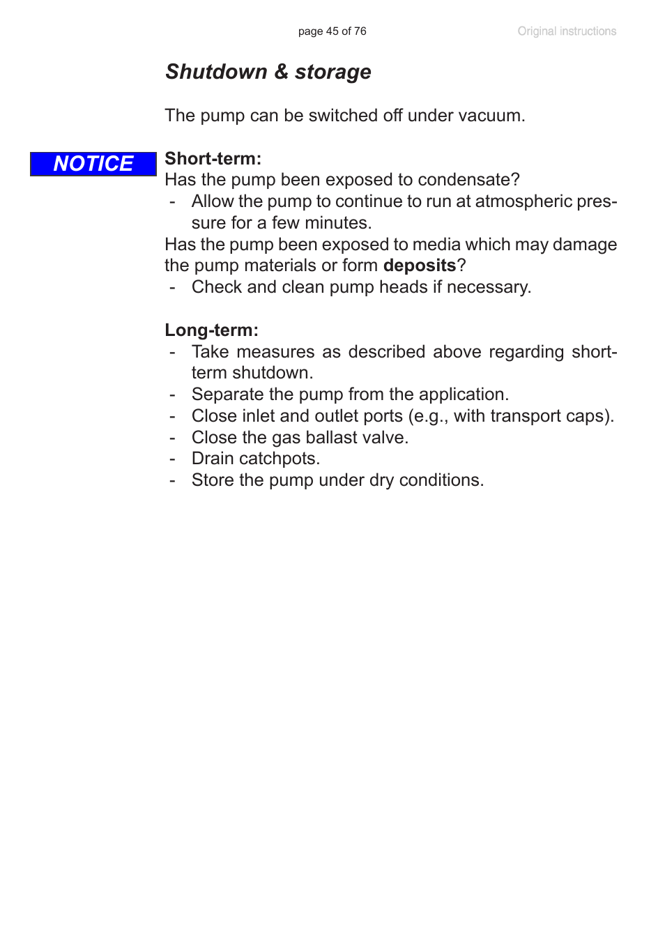 Shutdown & storage, Notice | VACUUBRAND MZ 2C NT VARIO without controller (o.C.) User Manual | Page 45 / 76