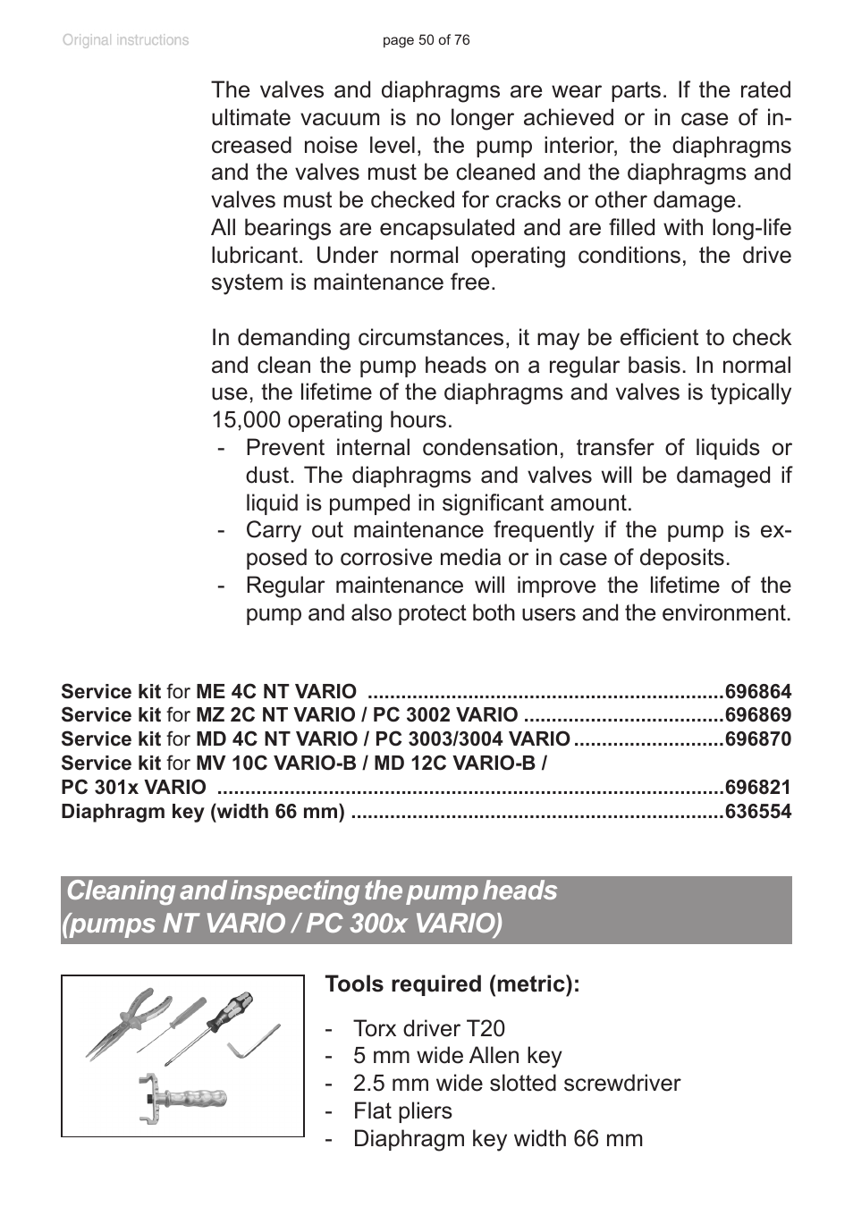 Cleaning and inspecting the pump heads, Pumps nt vario / pc 300x vario) | VACUUBRAND MZ 2C NT VARIO without controller (o.C.) User Manual | Page 50 / 76