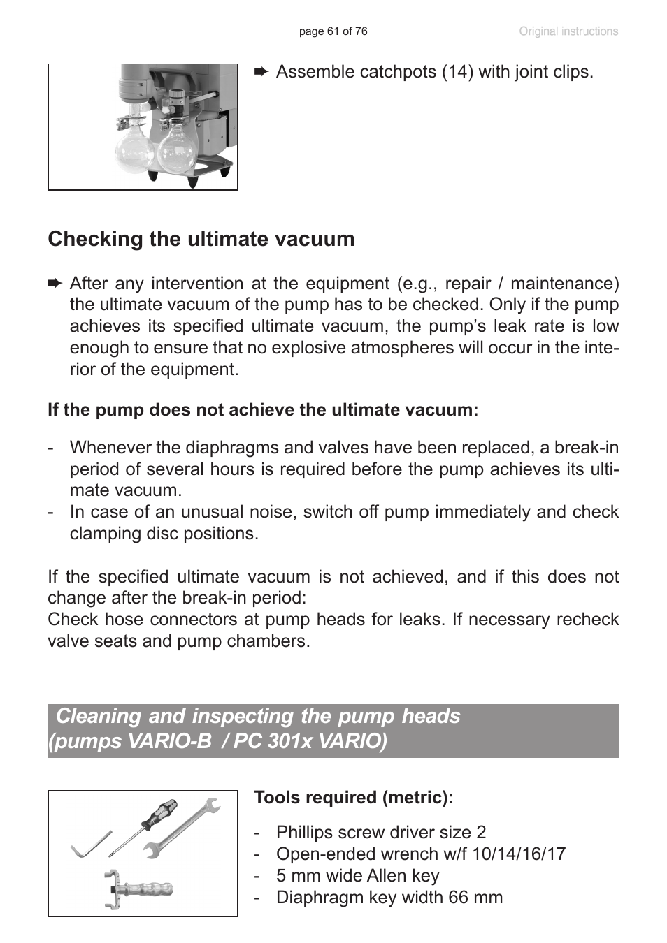 Cleaning and inspecting the pump heads, Pumps vario-b / pc 301x vario), Checking the ultimate vacuum | VACUUBRAND MZ 2C NT VARIO without controller (o.C.) User Manual | Page 61 / 76