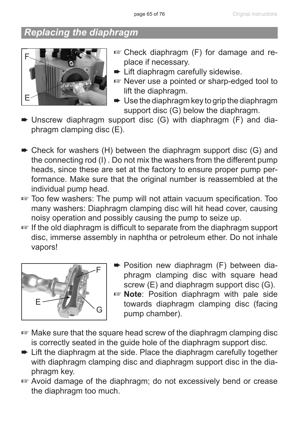 Replacing the diaphragm | VACUUBRAND MZ 2C NT VARIO without controller (o.C.) User Manual | Page 65 / 76