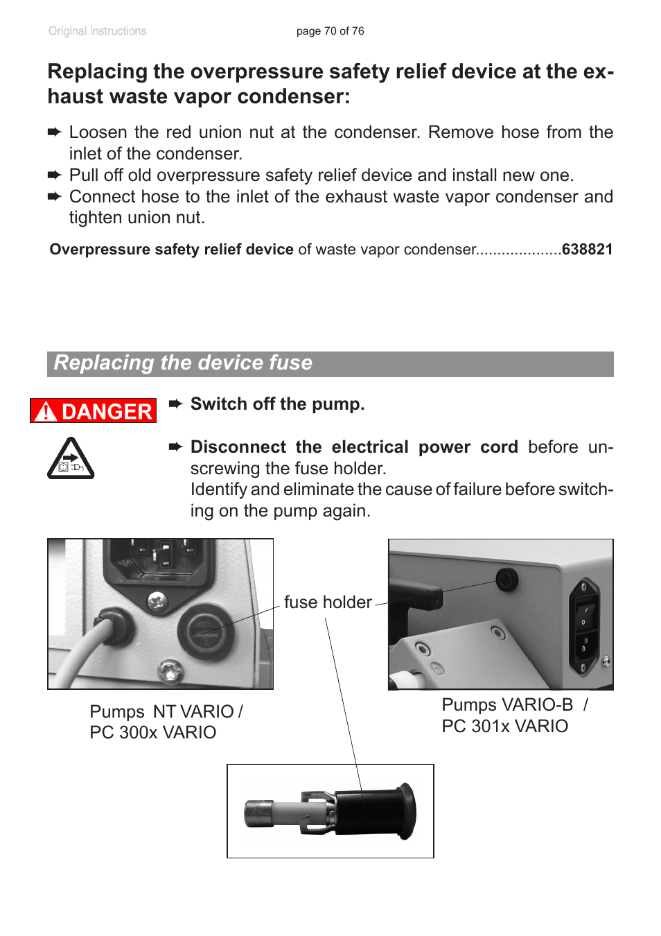 Replacing the device fuse | VACUUBRAND MZ 2C NT VARIO without controller (o.C.) User Manual | Page 70 / 76