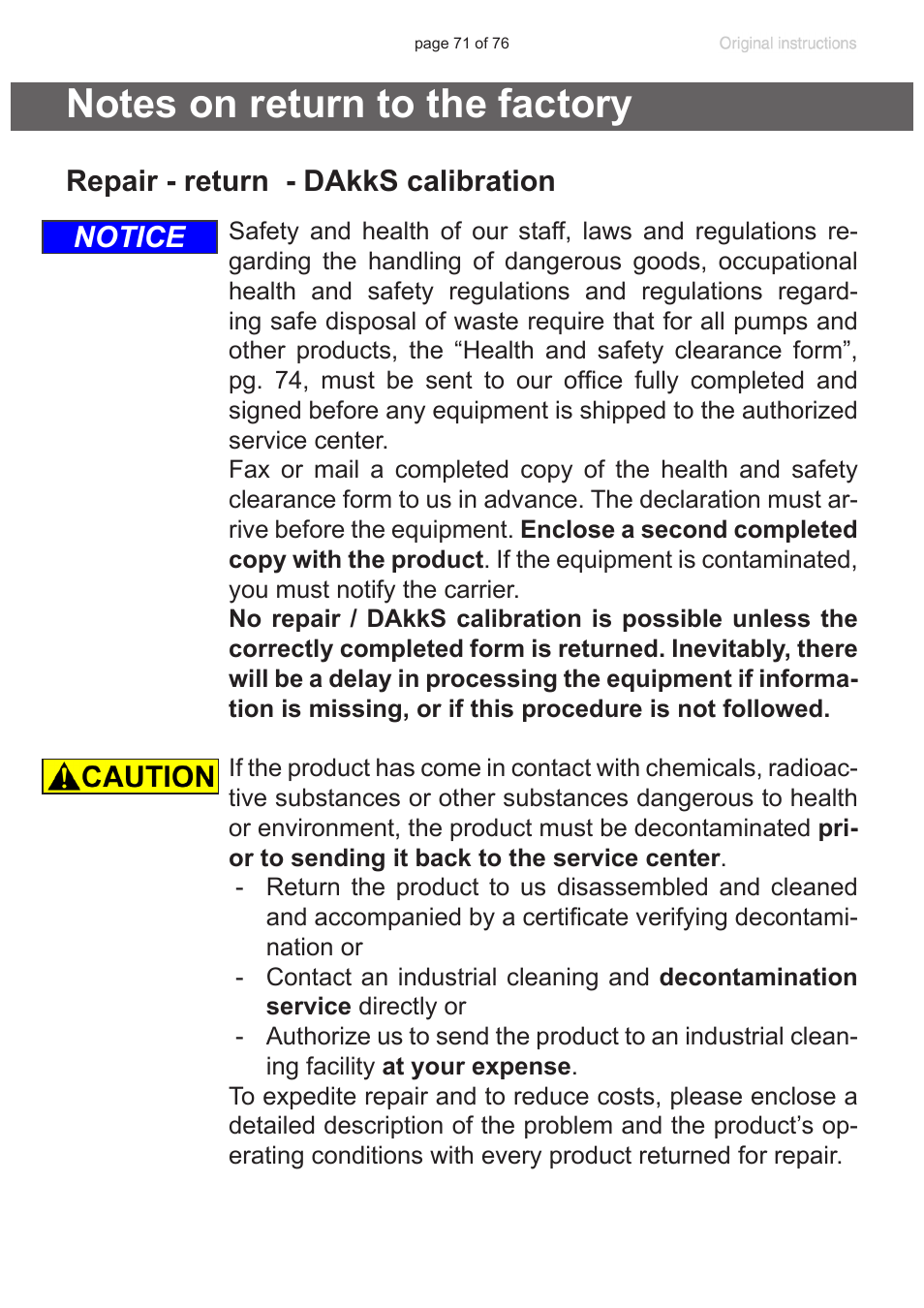 Notes on return to the factory, See section “notes on return to the, Factory”, pg. 71) are followed | Repair - return - dakks calibration, Notice | VACUUBRAND MZ 2C NT VARIO without controller (o.C.) User Manual | Page 71 / 76