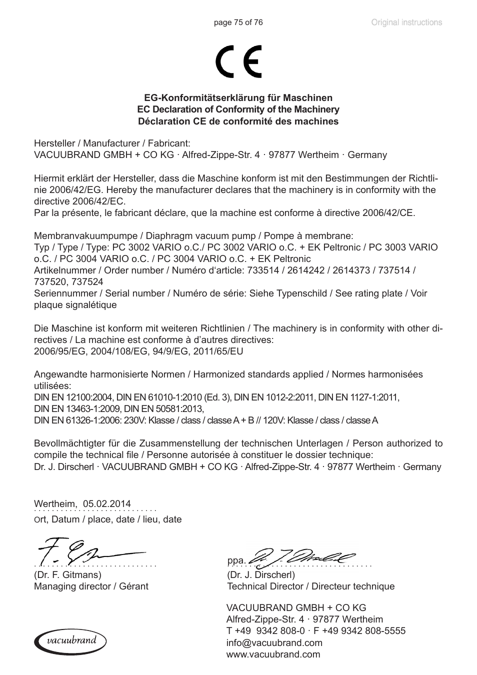 Ec declaration of conformity of the machinery | VACUUBRAND MZ 2C NT VARIO without controller (o.C.) User Manual | Page 75 / 76