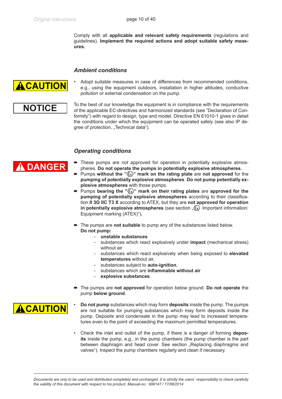 Ambient conditions, Operating conditions, Notice | VACUUBRAND PC 301 User Manual | Page 10 / 40