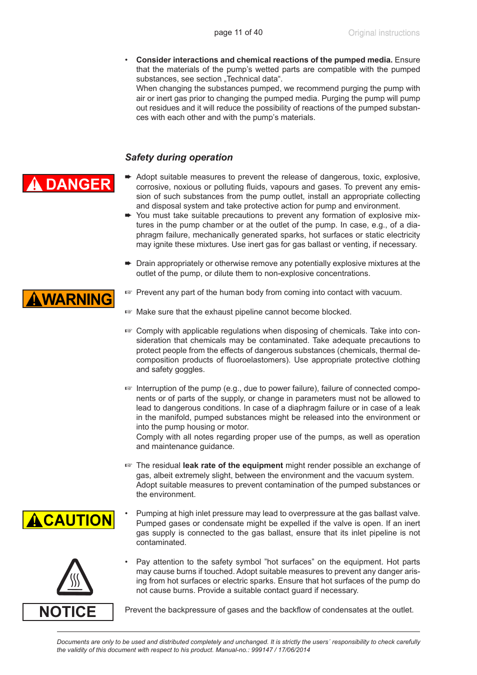 Safety during operation, Notice | VACUUBRAND PC 301 User Manual | Page 11 / 40