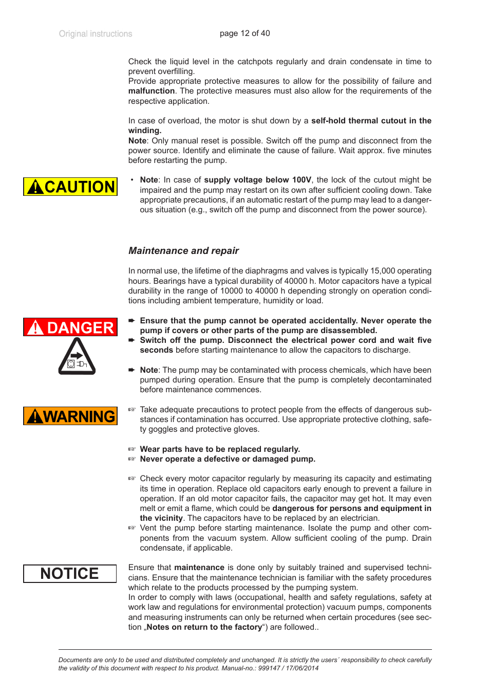 Maintenance and repair, Notice | VACUUBRAND PC 301 User Manual | Page 12 / 40