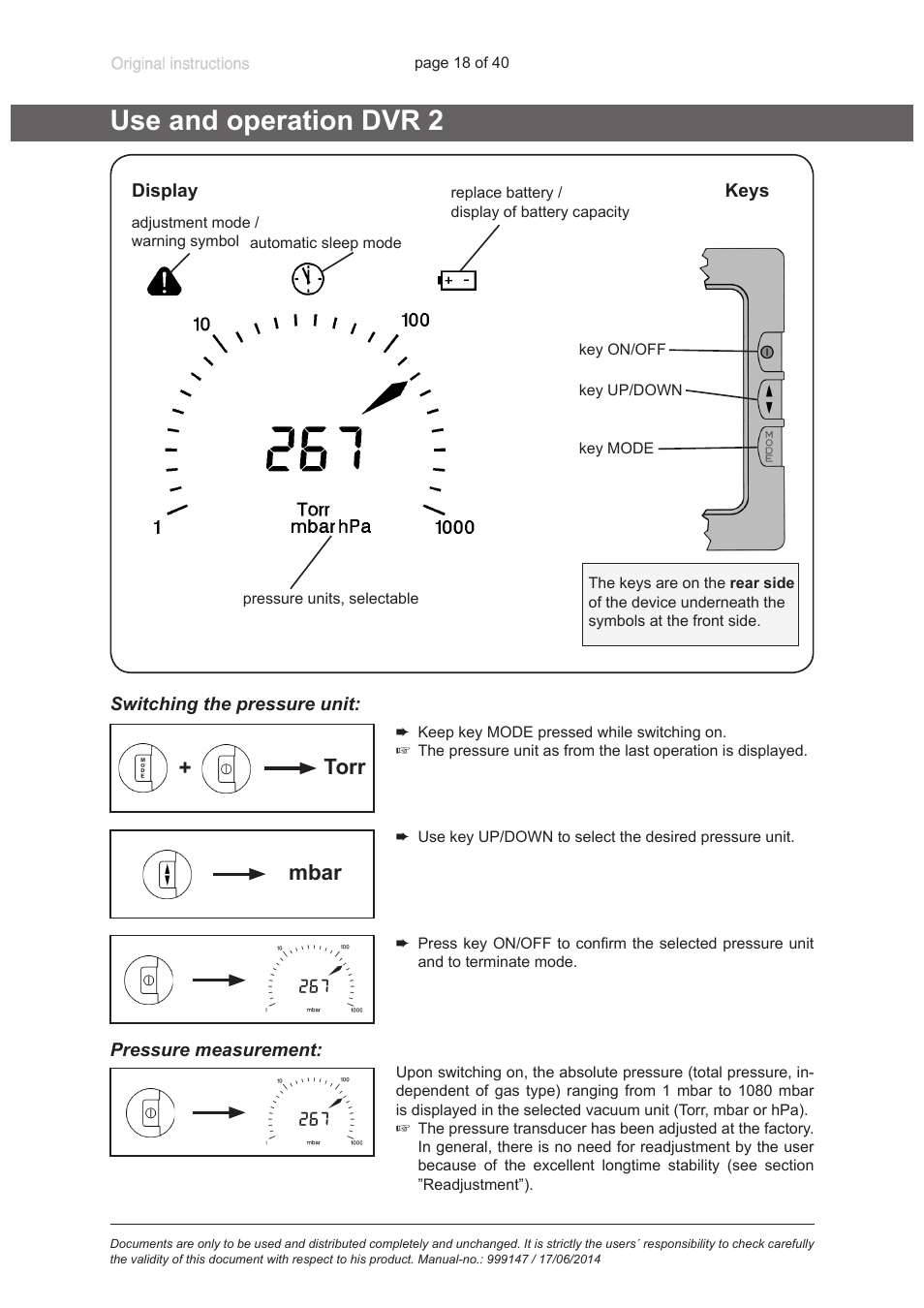 Use and operation dvr 2, Switching the pressure unit, Pressure measurement | Torr + mbar | VACUUBRAND PC 301 User Manual | Page 18 / 40