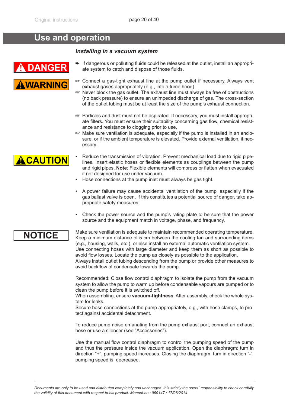 Use and operation, Installing in a vacuum system, Notice | VACUUBRAND PC 301 User Manual | Page 20 / 40