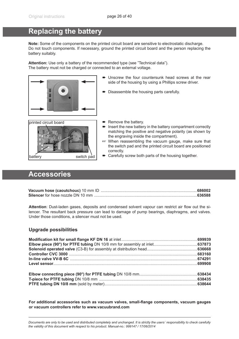 Replacing the battery, Accessories | VACUUBRAND PC 301 User Manual | Page 26 / 40