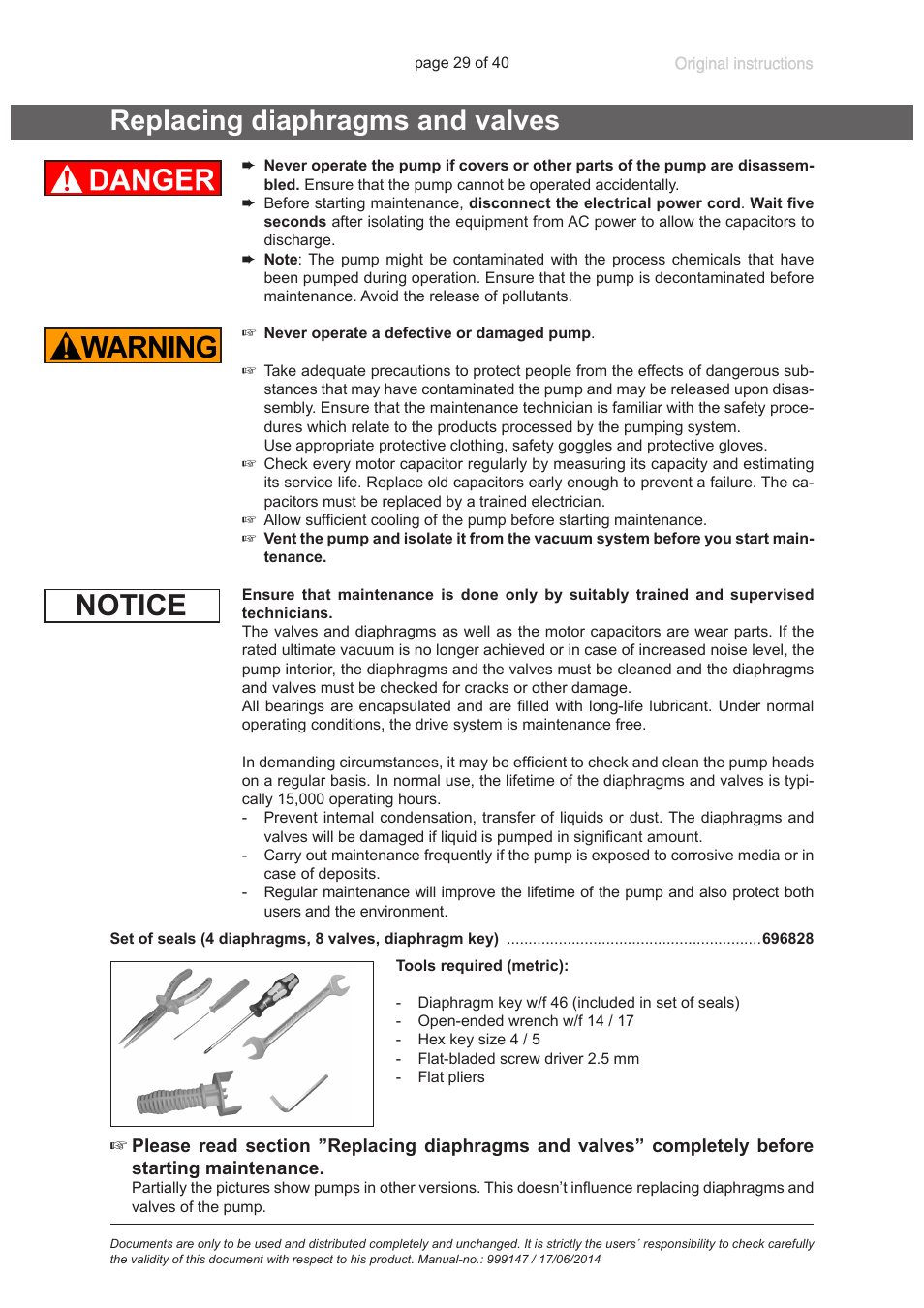 Replacing diaphragms and valves, Notice | VACUUBRAND PC 301 User Manual | Page 29 / 40