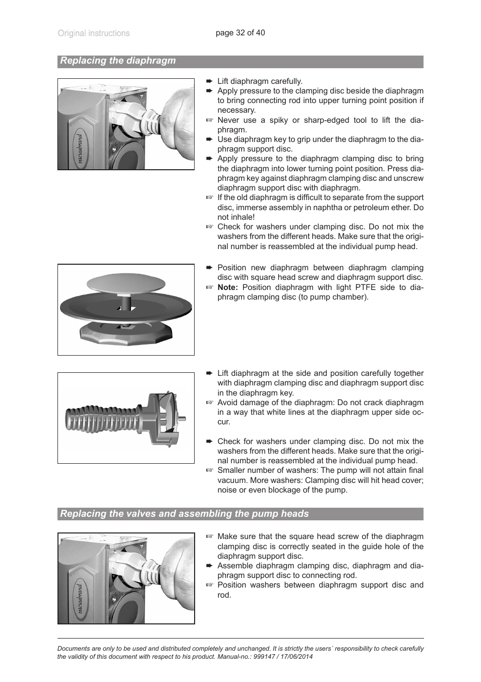 Replacing the diaphragm, Replacing the valves and assembling the pump heads | VACUUBRAND PC 301 User Manual | Page 32 / 40