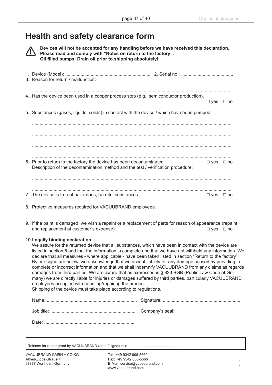 Health and safety clearance form | VACUUBRAND PC 301 User Manual | Page 37 / 40