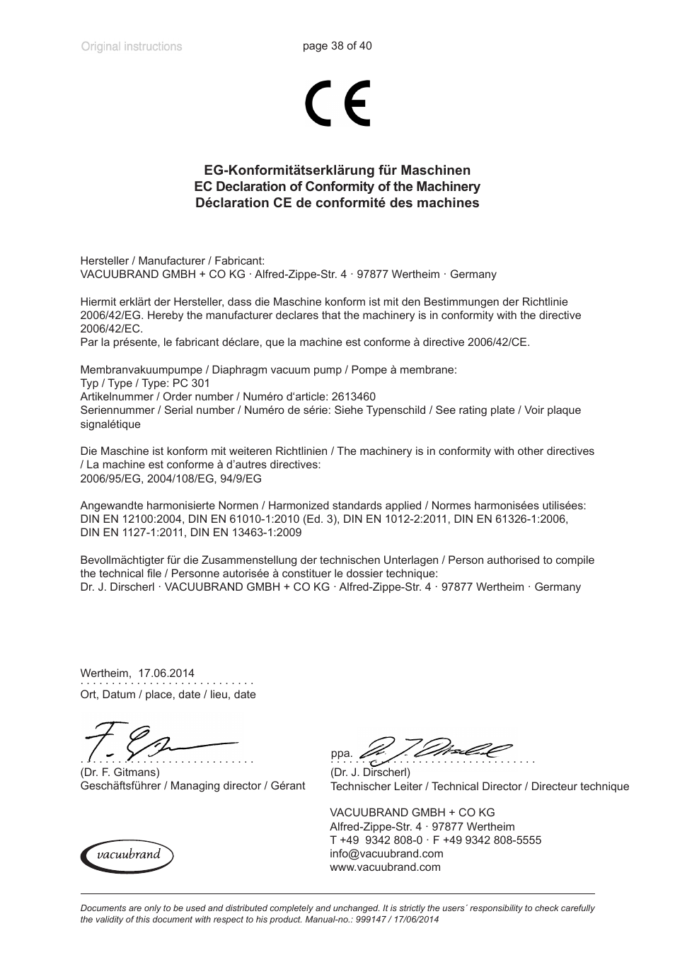 Ec declaration of conformity of the machinery | VACUUBRAND PC 301 User Manual | Page 38 / 40