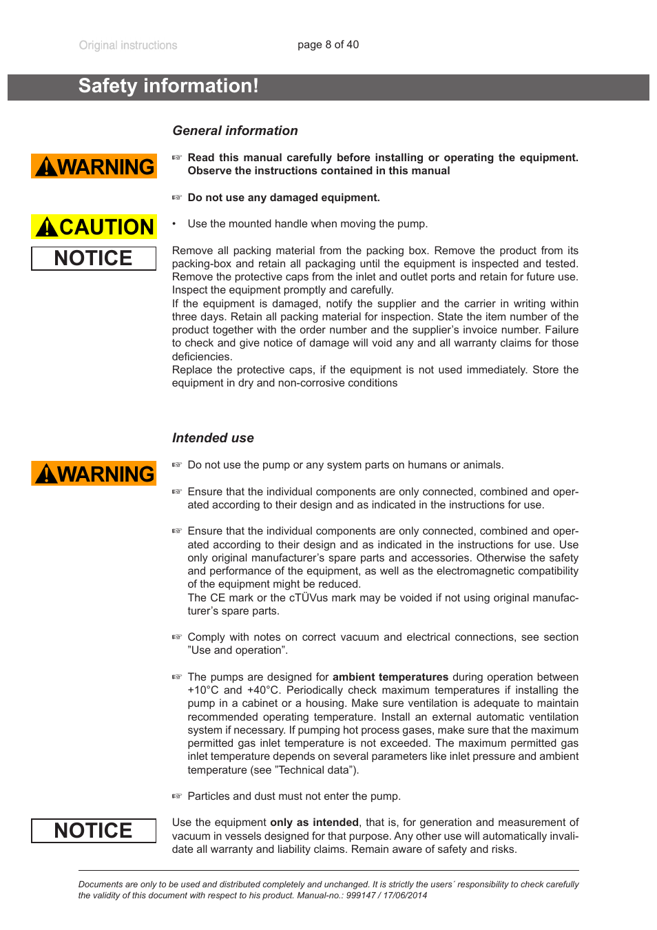 Safety information, General information, Intended use | Notice | VACUUBRAND PC 301 User Manual | Page 8 / 40