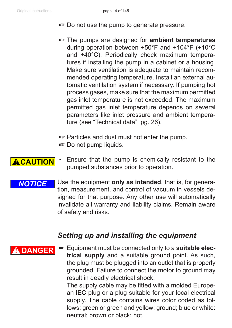 Setting up and installing the equipment, Notice | VACUUBRAND MV 10C NT VARIO User Manual | Page 14 / 145