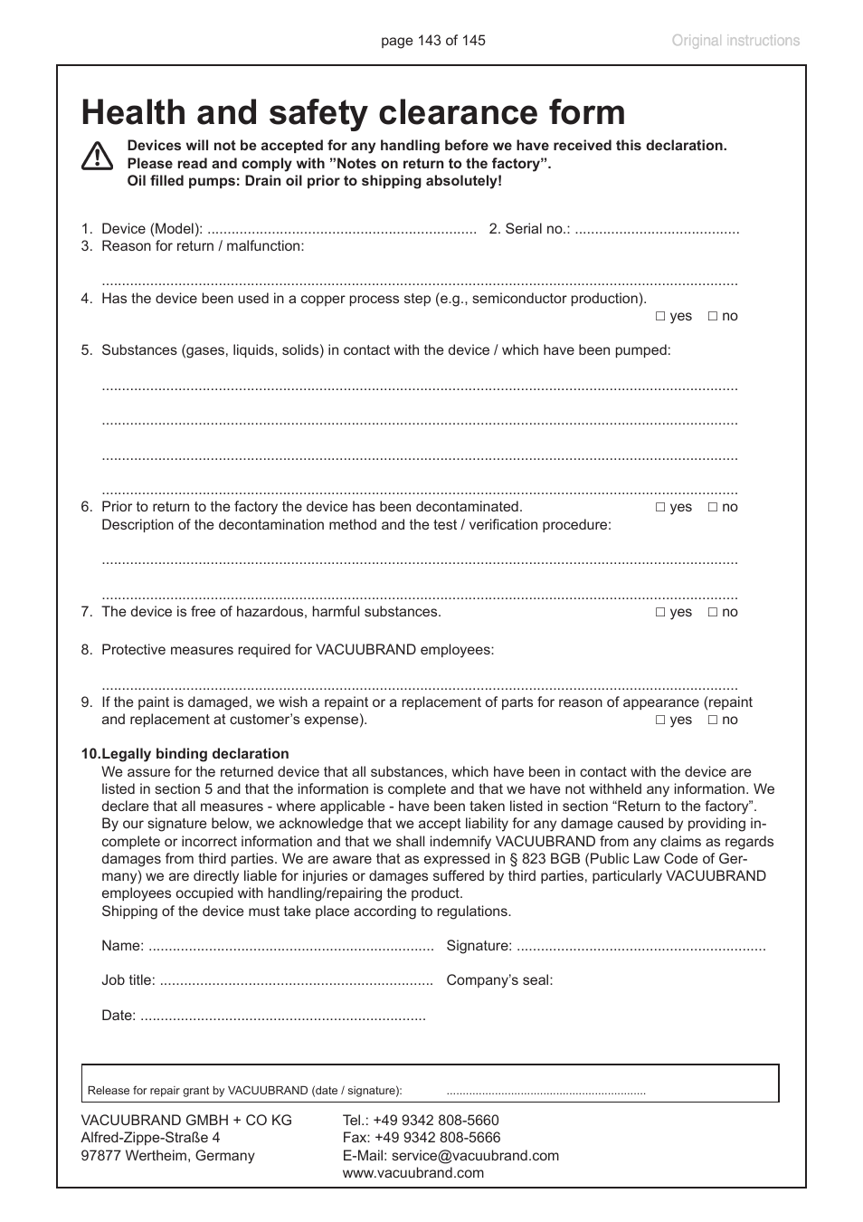 Health and safety clearance form | VACUUBRAND MV 10C NT VARIO User Manual | Page 143 / 145