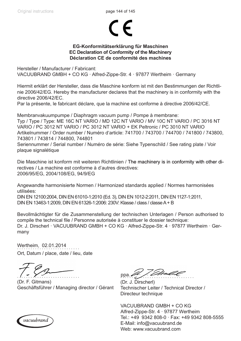 Ec declaration of conformity of the machinery | VACUUBRAND MV 10C NT VARIO User Manual | Page 144 / 145