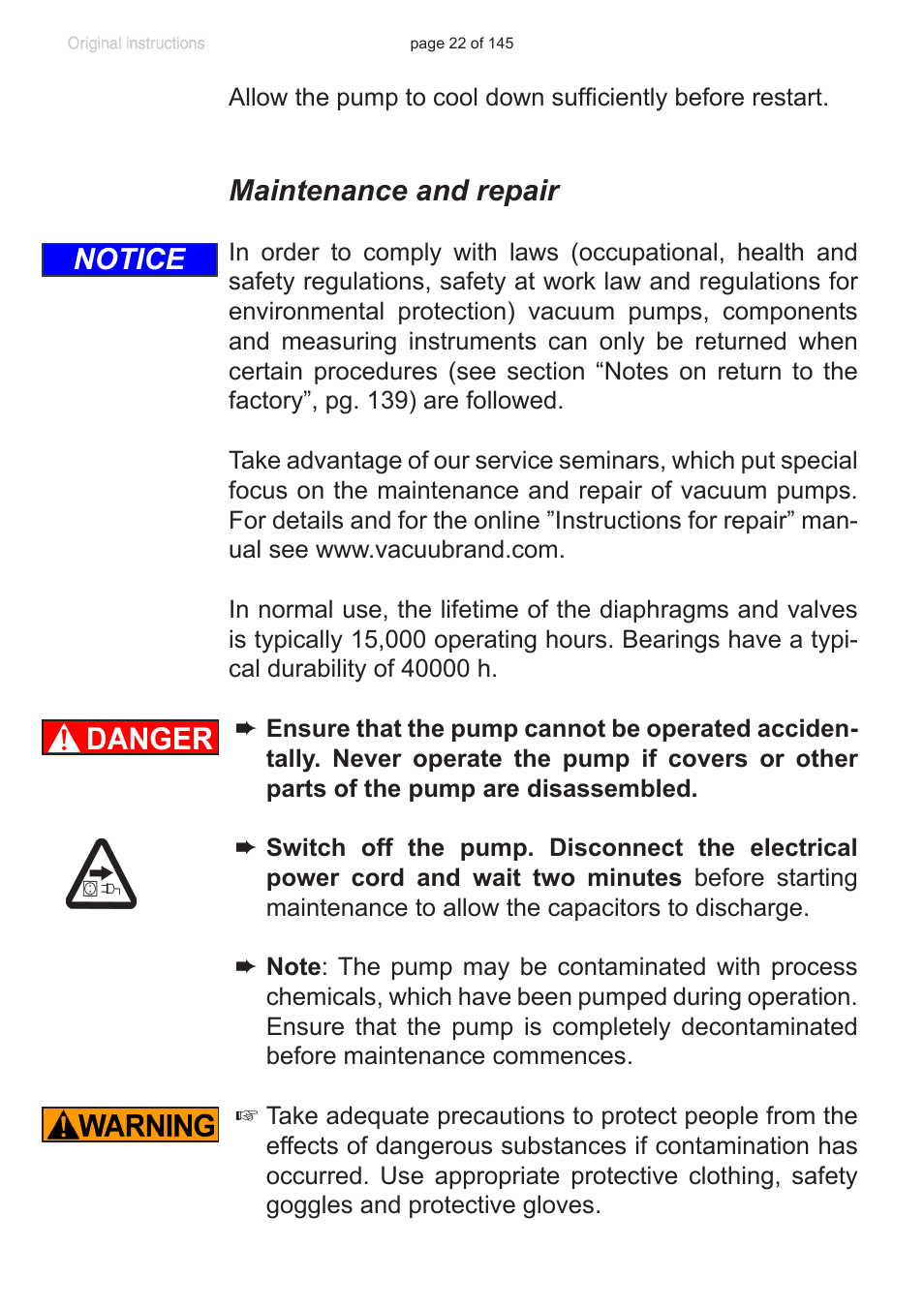 Maintenance and repair, Notice | VACUUBRAND MV 10C NT VARIO User Manual | Page 22 / 145