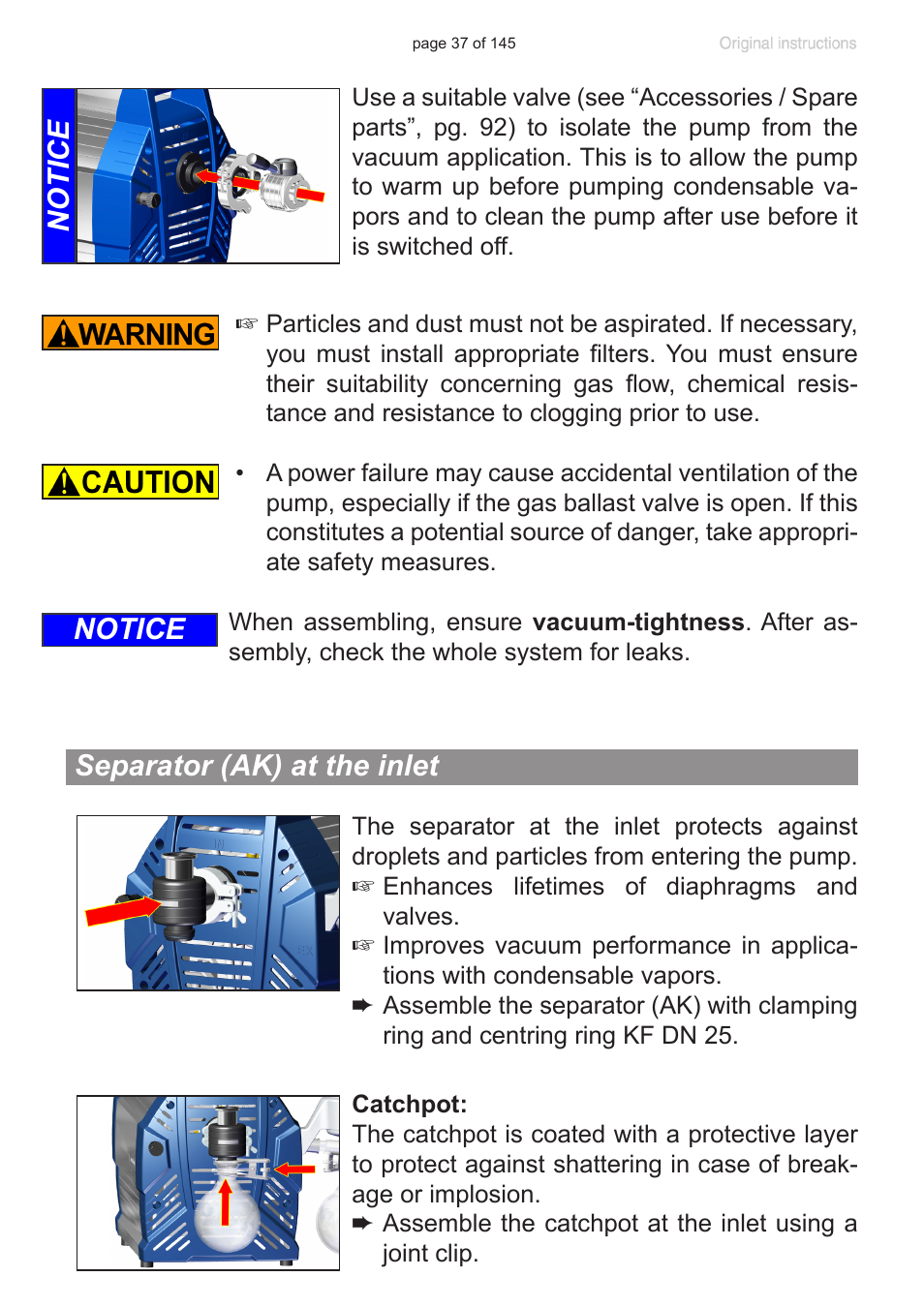 Separator (ak) at the inlet, Notice, Notice separator (ak) at the inlet | VACUUBRAND MV 10C NT VARIO User Manual | Page 37 / 145