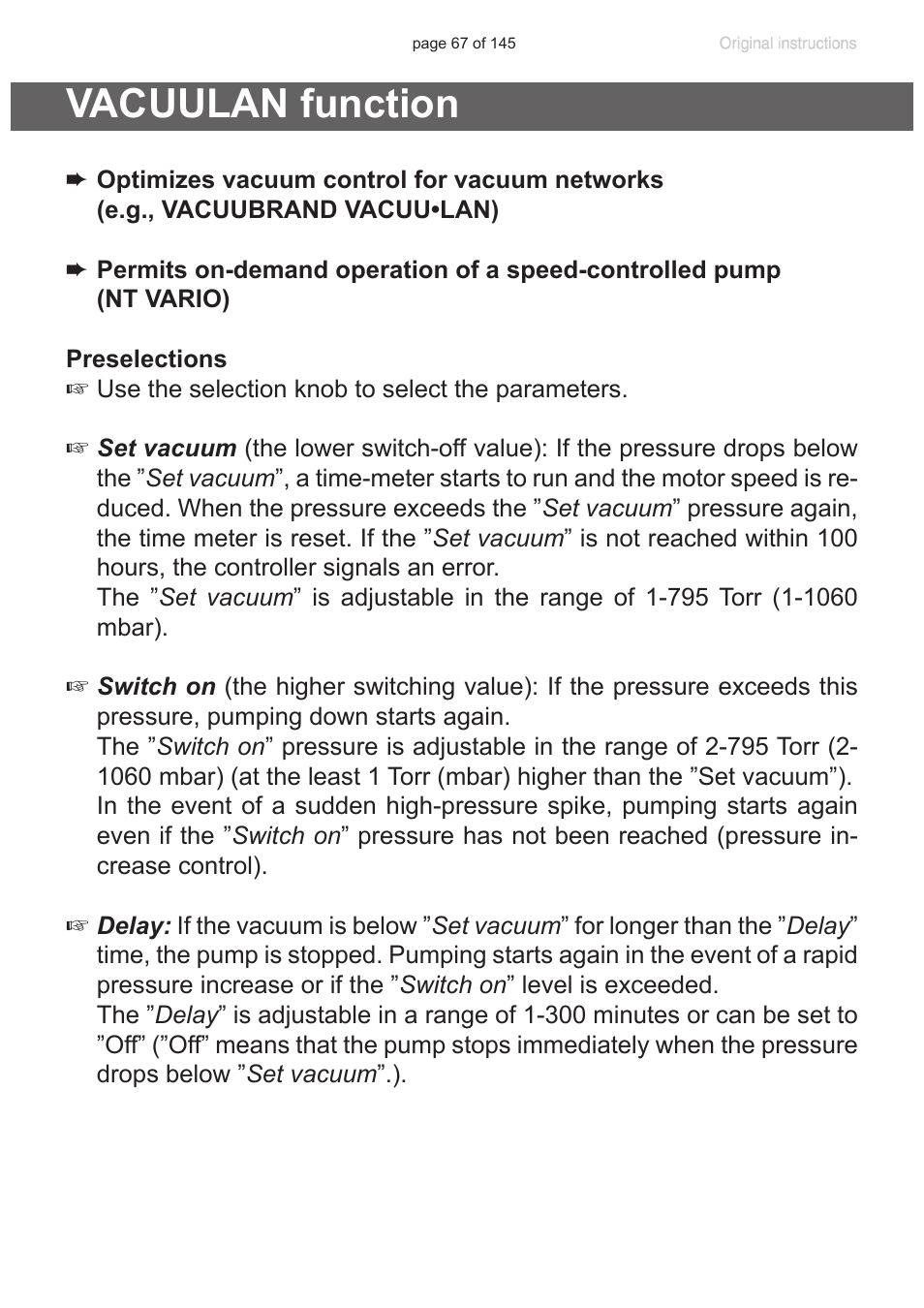 Vacuulan function | VACUUBRAND MV 10C NT VARIO User Manual | Page 67 / 145