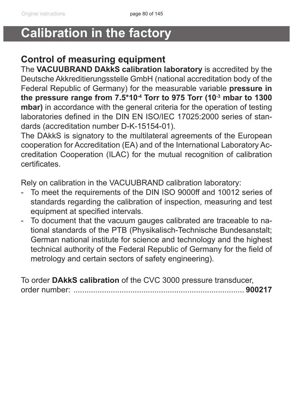 Calibration in the factory, Control of measuring equipment | VACUUBRAND MV 10C NT VARIO User Manual | Page 80 / 145