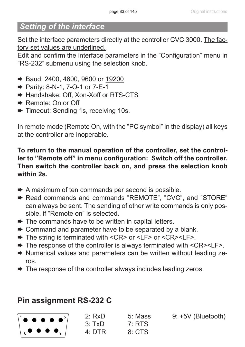 Setting of the interface, Pin assignment rs-232 c | VACUUBRAND MV 10C NT VARIO User Manual | Page 83 / 145