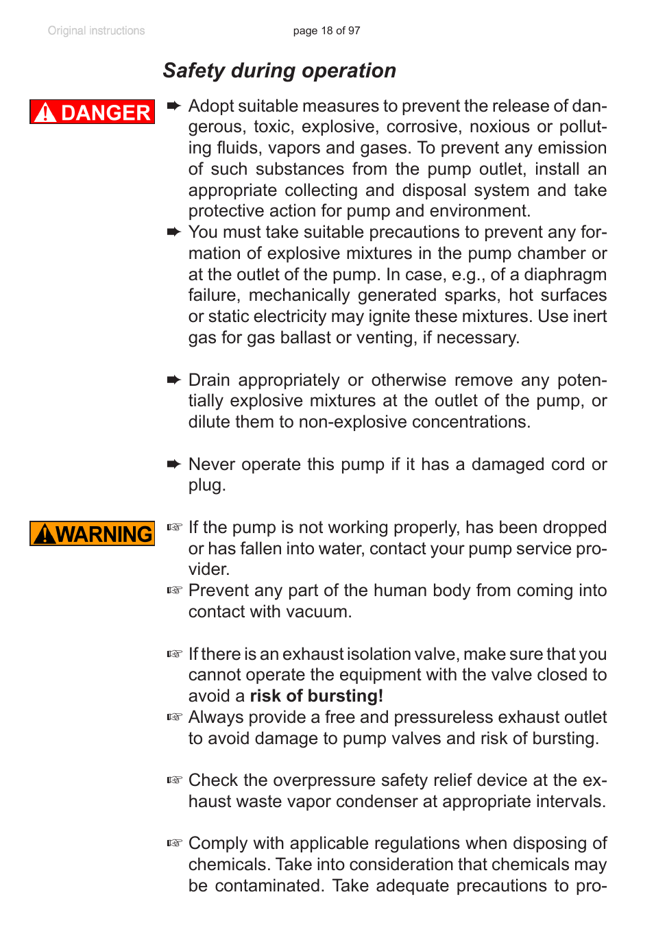 Safety during operation | VACUUBRAND MV 10C NT VARIO o.C. User Manual | Page 18 / 97