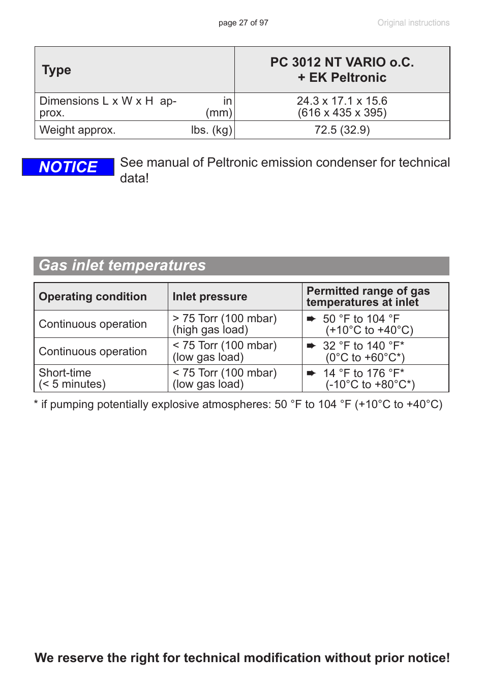 Gas inlet temperatures, Notice gas inlet temperatures | VACUUBRAND MV 10C NT VARIO o.C. User Manual | Page 27 / 97