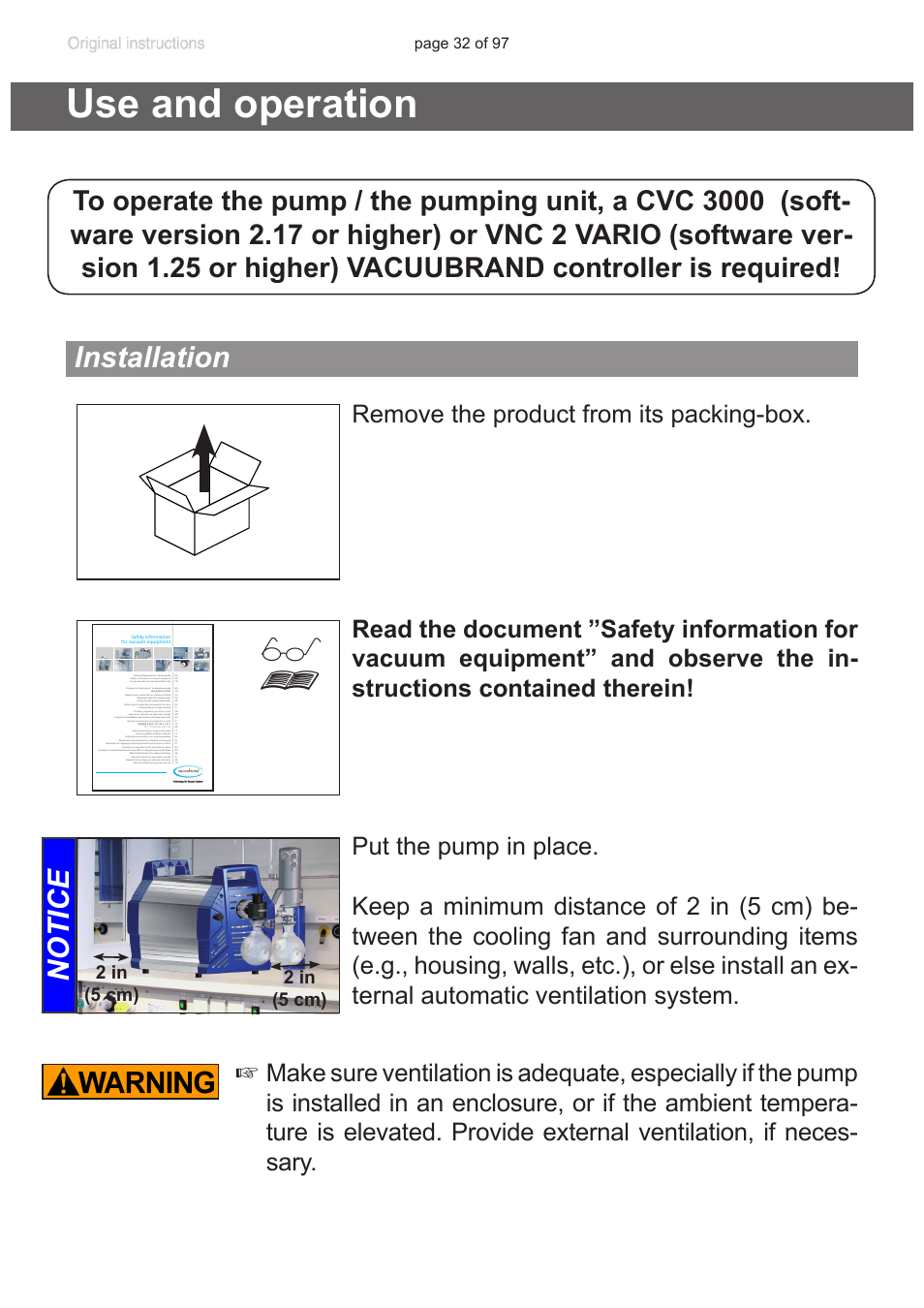 Use and operation, Installation, Notice | 2 in (5 cm) 2 in (5 cm), Page 32 of 97 | VACUUBRAND MV 10C NT VARIO o.C. User Manual | Page 32 / 97