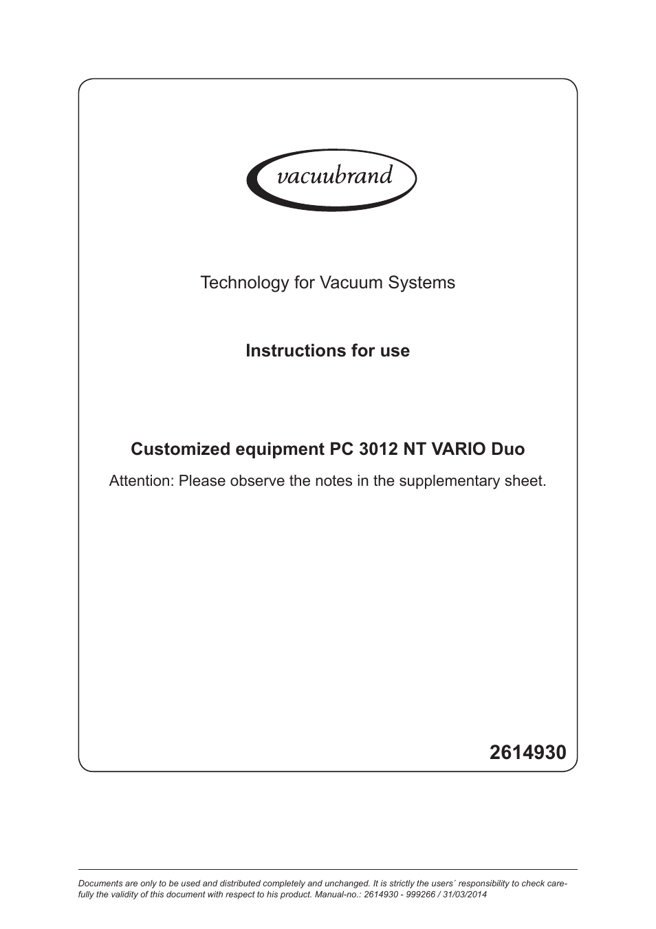 VACUUBRAND PC 3012 NT VARIO Duo User Manual | 151 pages