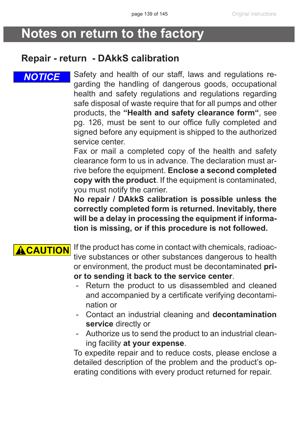 Notes on return to the factory, Repair - return - dakks calibration, Notice | VACUUBRAND PC 3012 NT VARIO Duo User Manual | Page 145 / 151