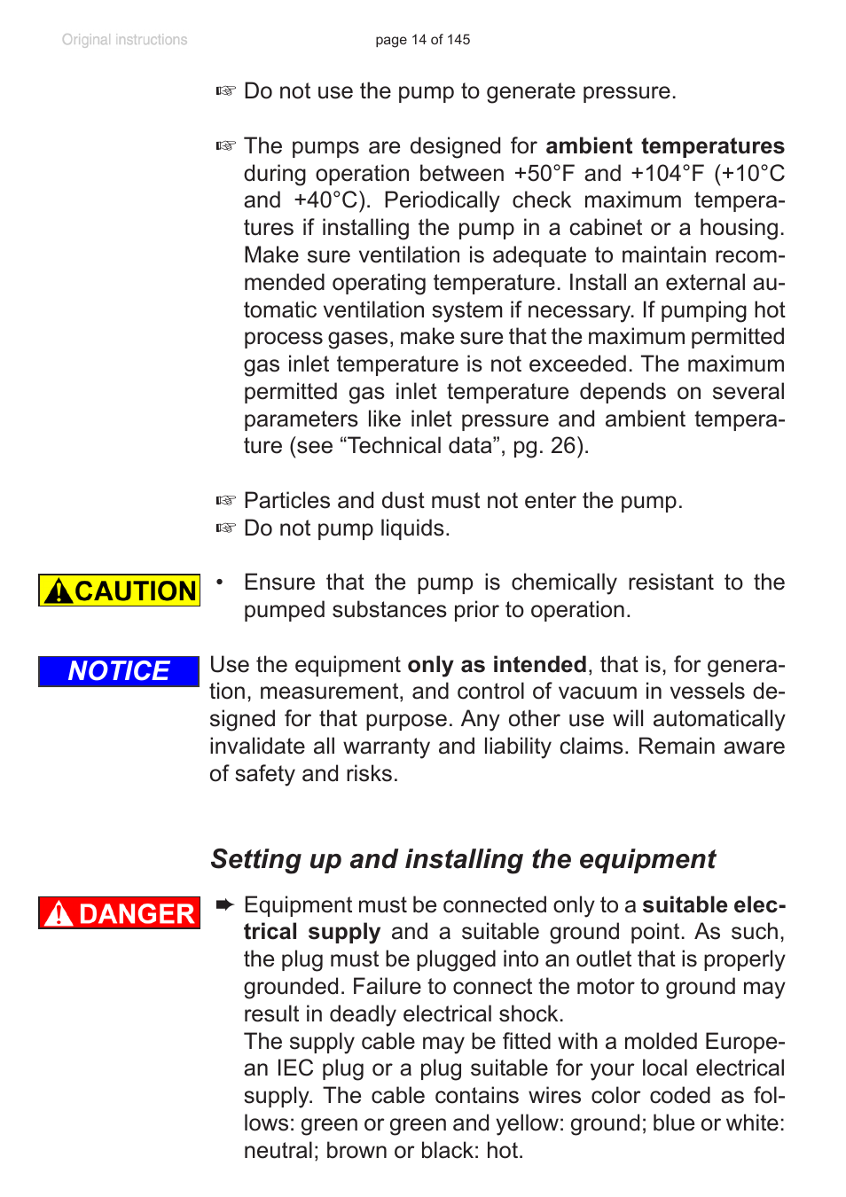 Setting up and installing the equipment, Notice | VACUUBRAND PC 3012 NT VARIO Duo User Manual | Page 20 / 151