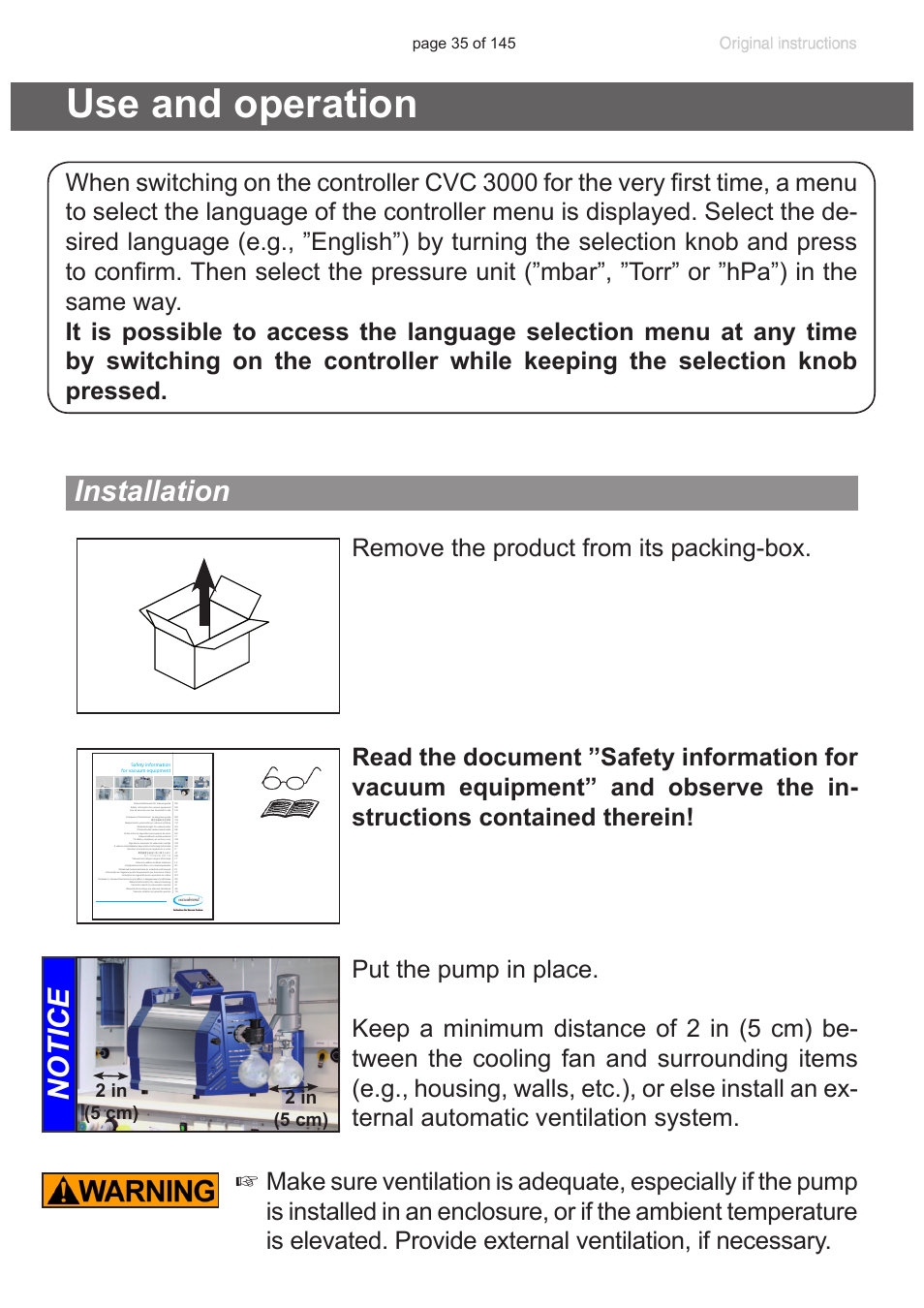 Use and operation, Installation, Notice | 2 in (5 cm) 2 in (5 cm) | VACUUBRAND PC 3012 NT VARIO Duo User Manual | Page 41 / 151