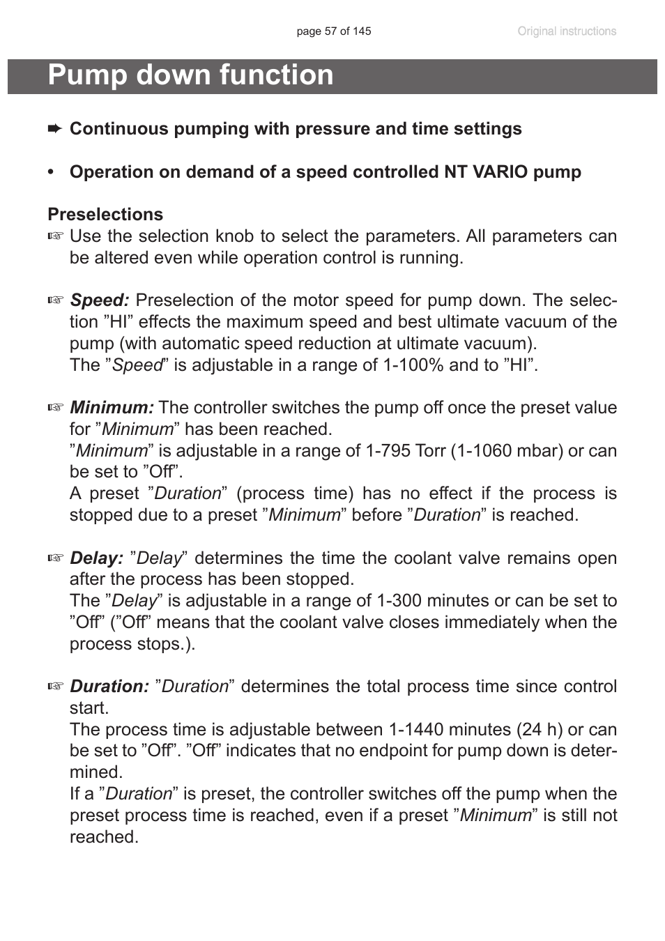 Pump down function | VACUUBRAND PC 3012 NT VARIO Duo User Manual | Page 63 / 151