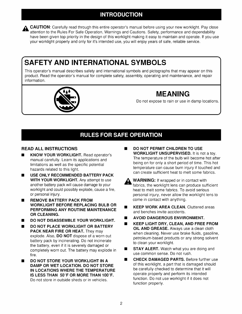Introduction, Rules for safe operation, Read all instructions | Safety and international symbols, Meaning | Craftsman 973.113900 User Manual | Page 2 / 7