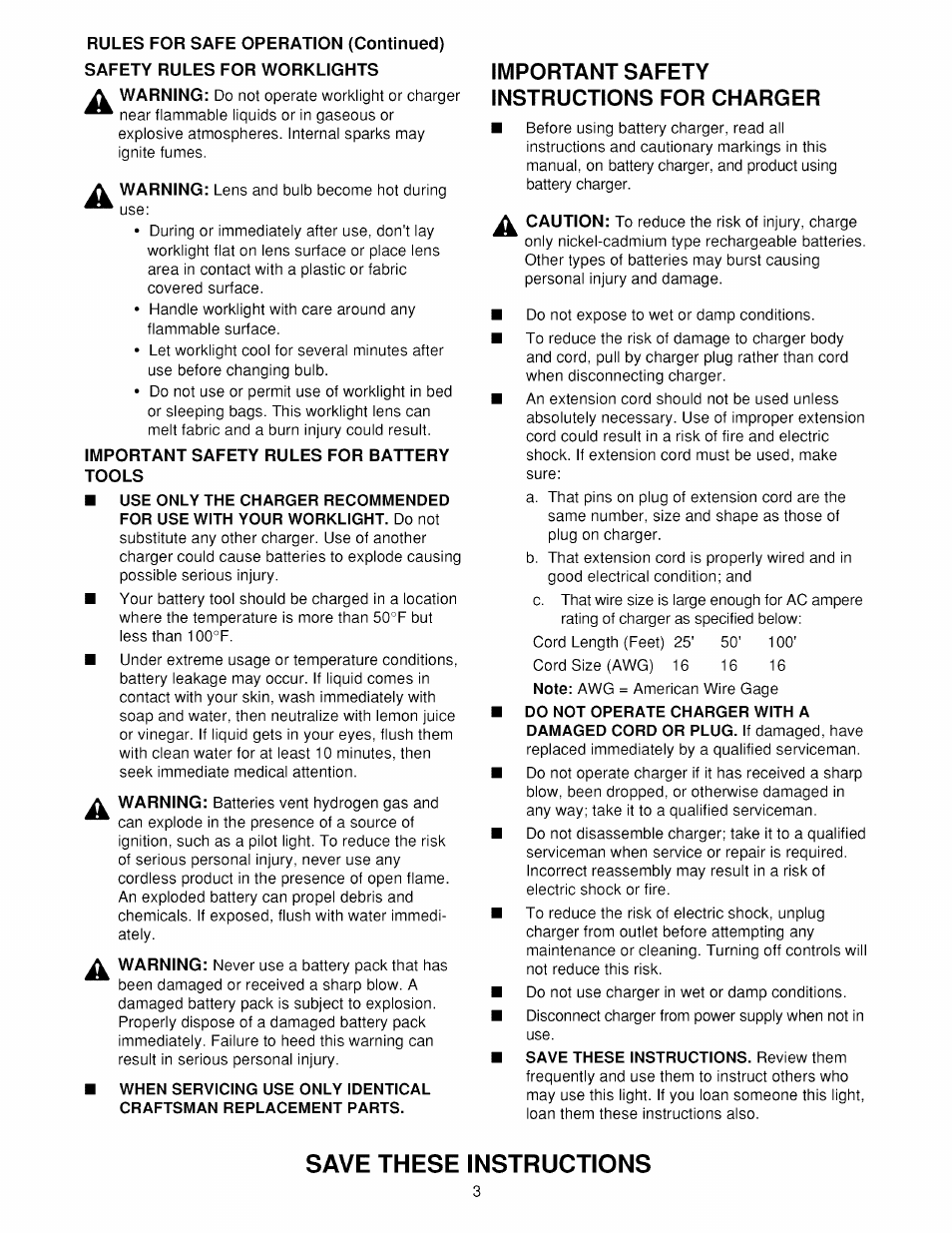 Rules for safe operation (continued), Safety rules for worklights, Important safety rules for battery | Tools, Save these instructions, Important safety instructions for charger | Craftsman 973.113900 User Manual | Page 3 / 7