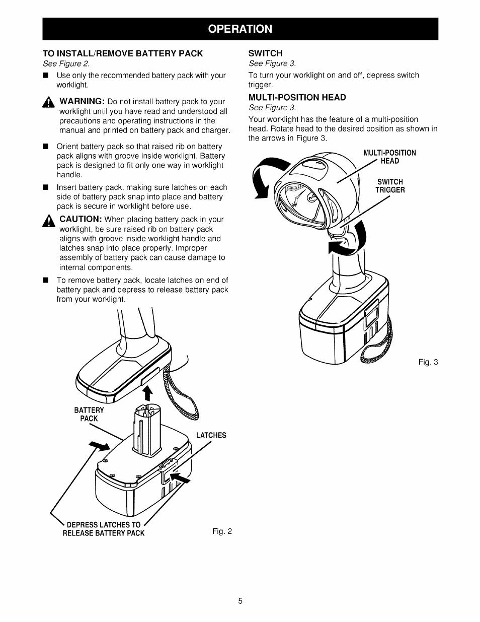 To install/remove battery pack, Switch, Multi-position head | Operation | Craftsman 973.113900 User Manual | Page 5 / 7