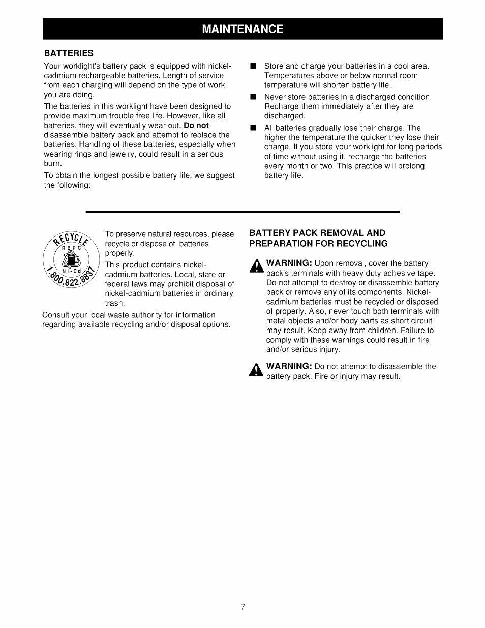 Batteries, Battery pack removal and preparation for recycling, Maintenance | Craftsman 973.113900 User Manual | Page 7 / 7