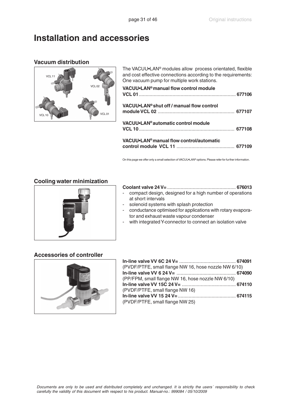 Installation and accessories, Cooling water minimization, Vacuum distribution | Accessories of controller | VACUUBRAND PC 600 LAN User Manual | Page 31 / 46